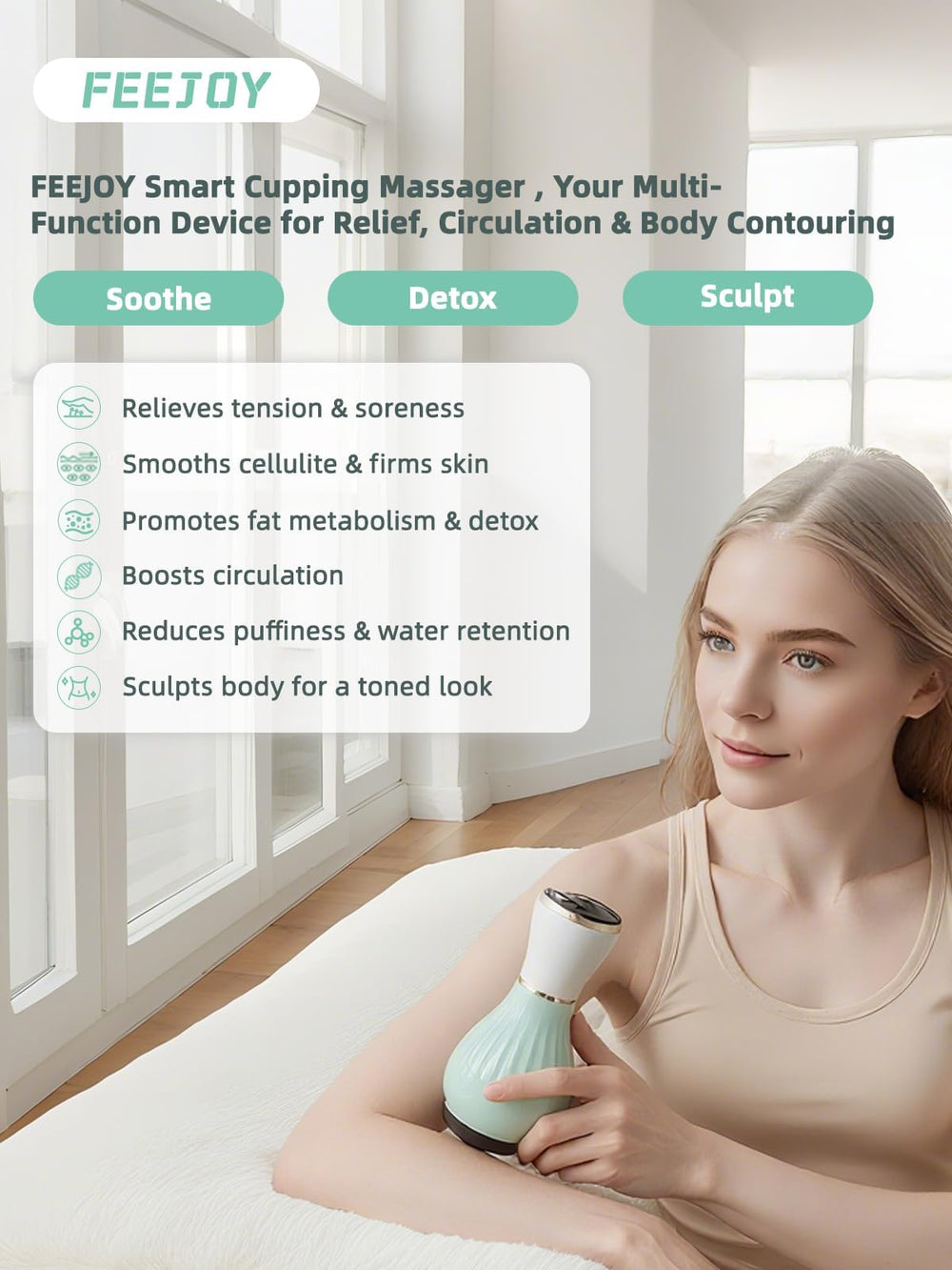 FEEJOY primer plano del cabezal metálico con calor para mayor relajación del tejido