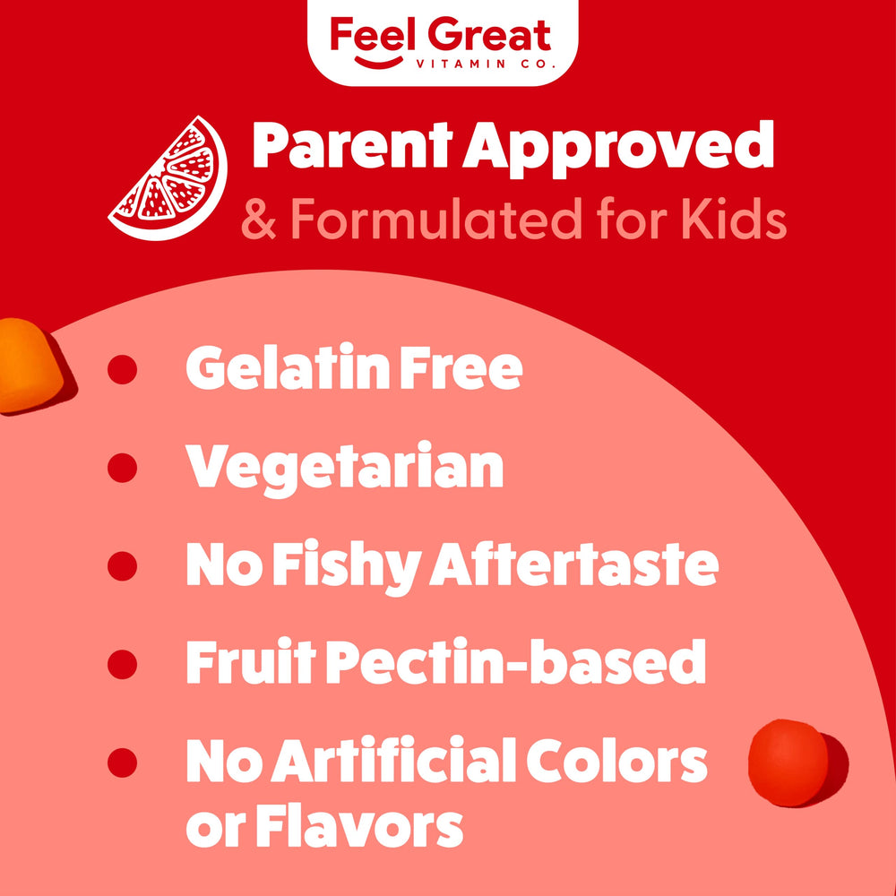 Feel Great Vitamin Company niño tomando gominola en desayuno familiar