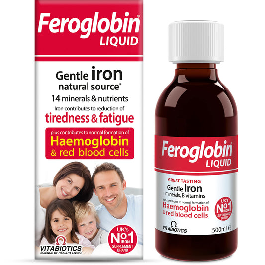 Feroglobin líquido 500 ml, botella visible, apoyo a la vitalidad diaria.