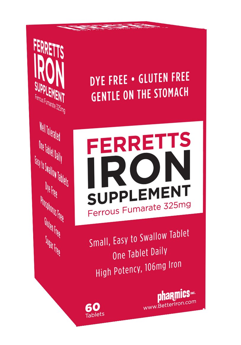 Ferretts iron tablets bottle front showing high-potency iron for daily energy support.