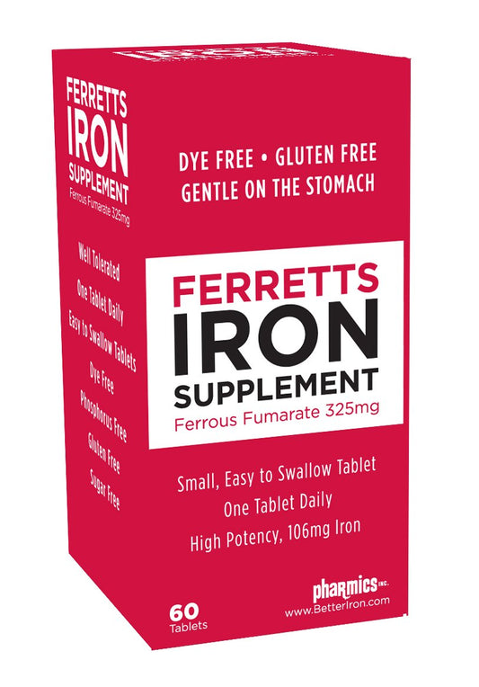 Ferretts iron tablets bottle front showing high-potency iron for daily energy support.
