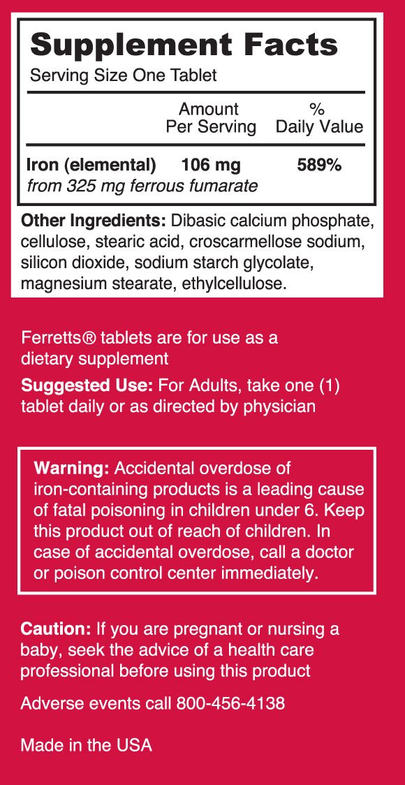Ferretts iron tablets capsule closeup showing small, easy-to-swallow dose.