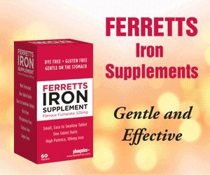 Ferretts iron tablets label closeup featuring ferrous fumarate source.