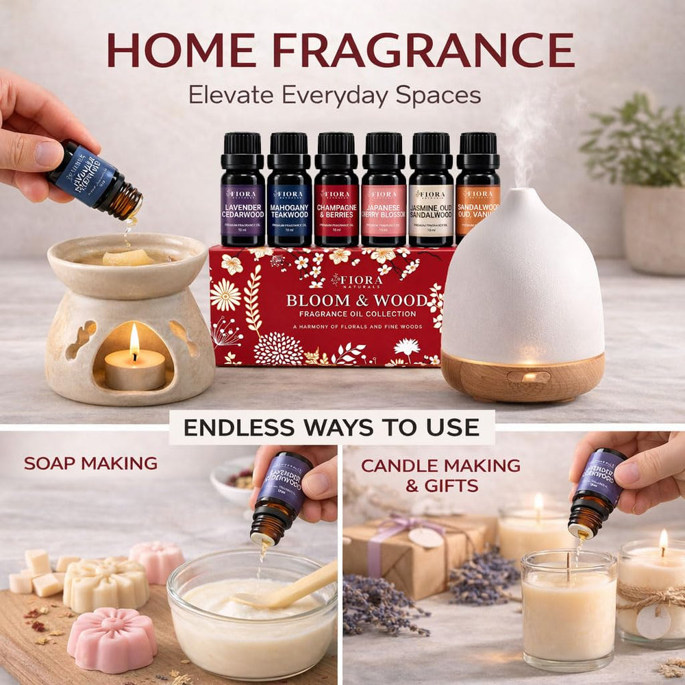 Fiora Naturals botellas alineadas que resaltan seis fragancias concentradas