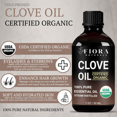 Fiora Naturals gotero dejando caer aceite de clavo para precisión en dosis