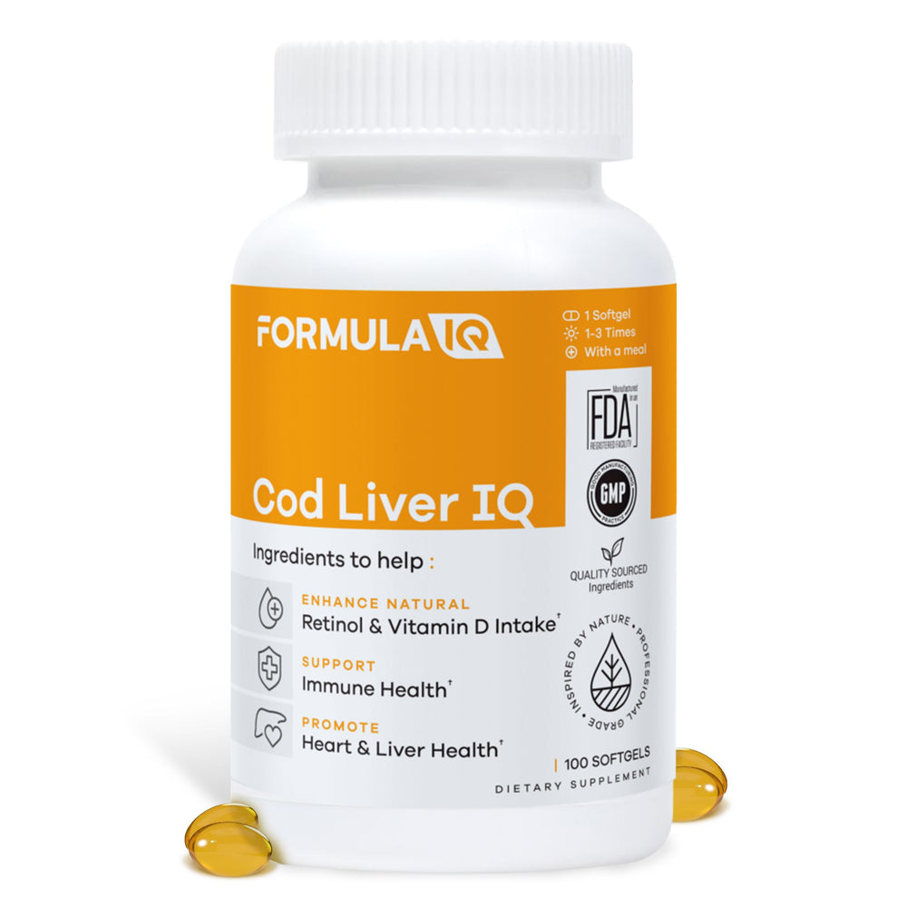 Envase frontal de FIQ Cod Liver IQ mostrando 100 cápsulas y etiqueta clara