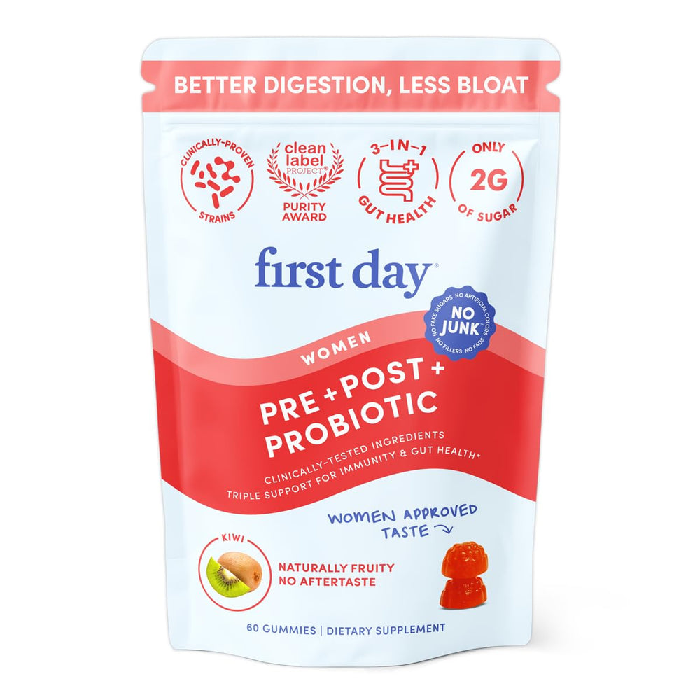 FIRST DAY Women’s Good Gut Tribiotic Gummies bottle for on the go gut support
