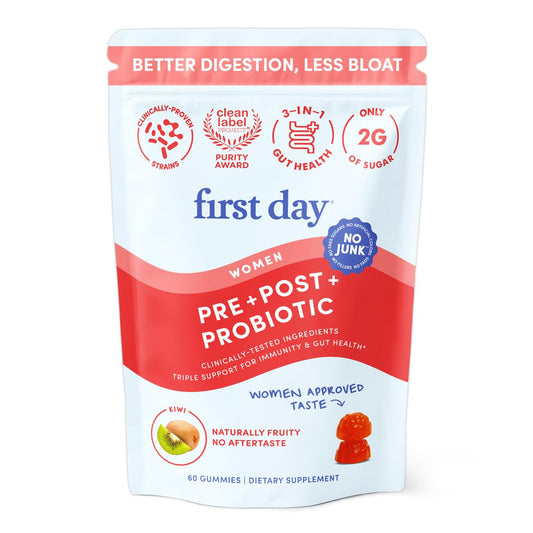 FIRST DAY Women’s Good Gut Tribiotic Gummies bottle for on the go gut support