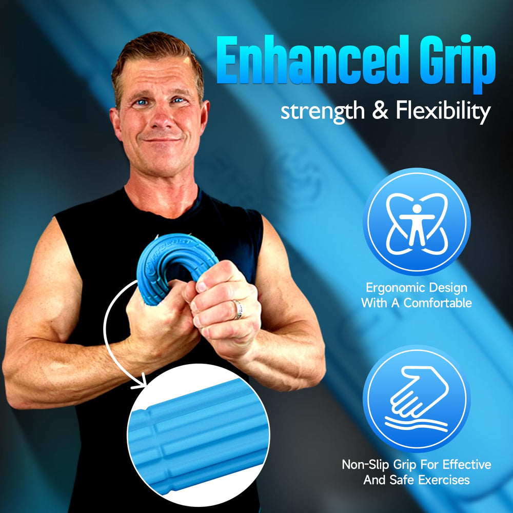FitBeast barra junto a una mano para comparar tamaño y adaptar ejercicios con precisión