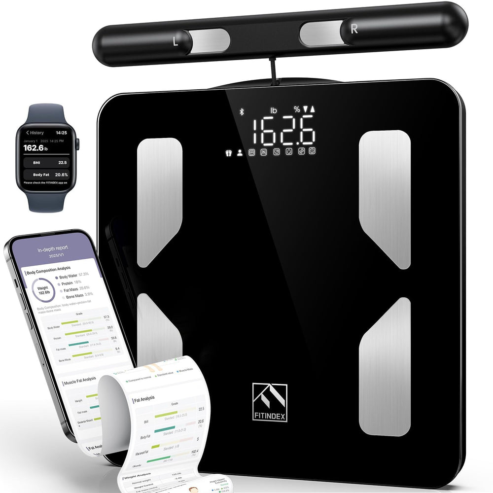 FITINDEX vista frontal de la báscula con pantalla clara y plataforma amplia