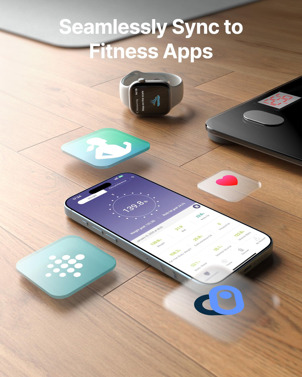 Contenido del paquete FITINDEX mostrando manual, báscula y baterías listos para usar
