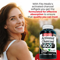 FITO MEDIC'S monton de softgels negros mostrando tamaño y cantidad