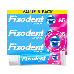 Fixodent envase frontal Complete Original mostrando el tubo y marca para sujeción segura
