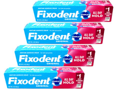 Fixodent envase frontal mostrando formato y beneficio de sujeción