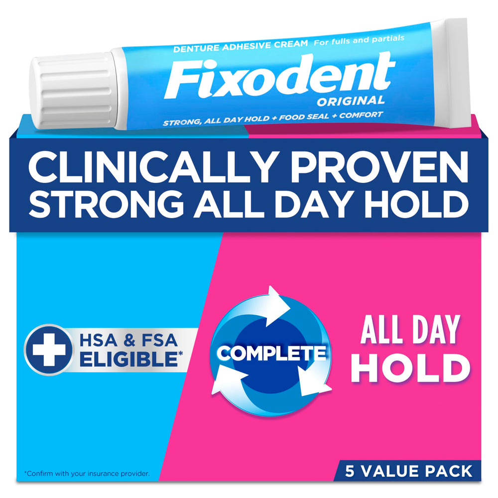 Fixodent envase frontal mostrando pack y beneficios de sujeción