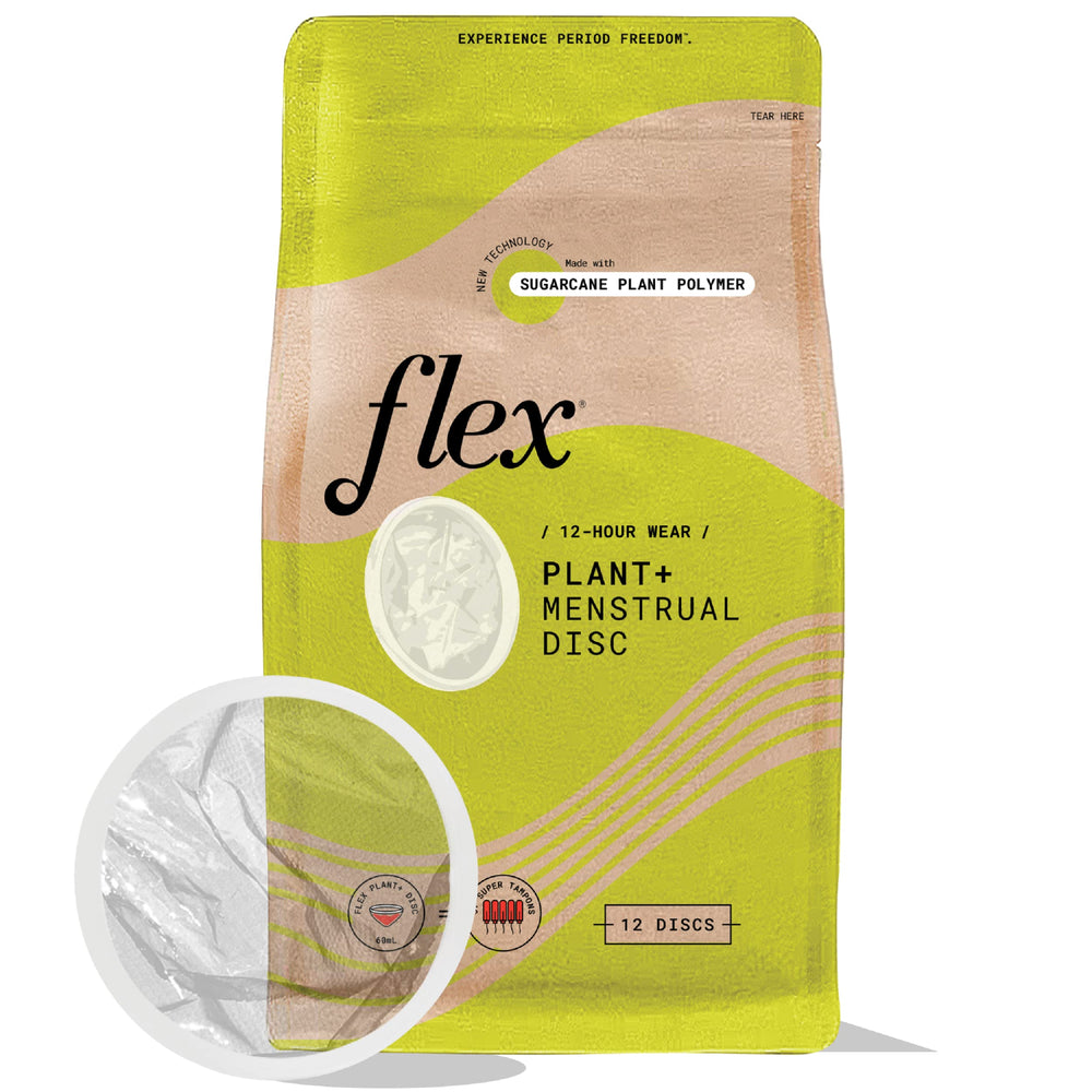 Flex Plant+ Disc empaque frontal mostrando 12 unidades y beneficios sustentables