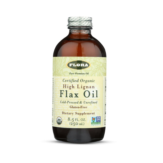 Flora High Lignan Flax Oil bottle front, organic oil rich in omega fats.