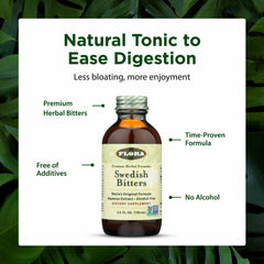 Flora Swedish Bitters with tea cup ready for a pre-meal tasting ritual.