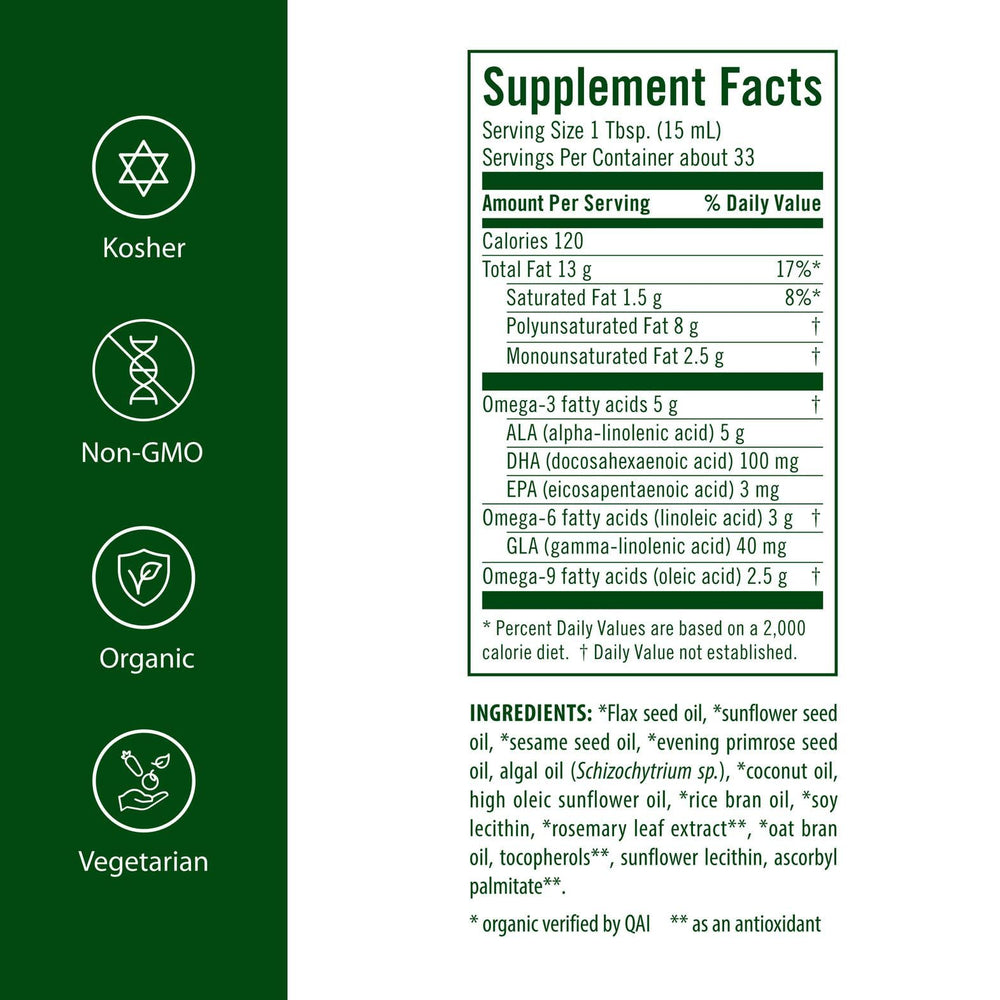 Flora Udo's Oil DHA 3-6-9, etiqueta orgánica que destaca ingredientes vegetales