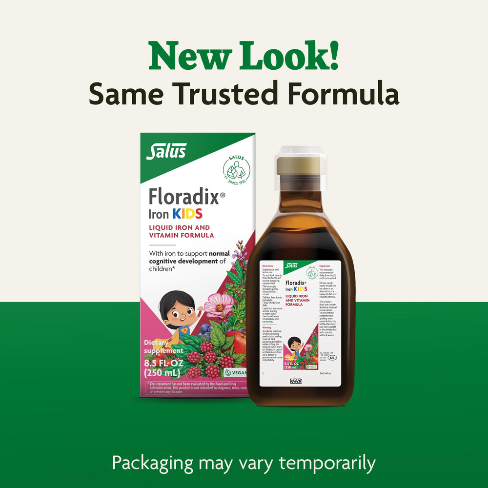 Floradix frasco junto a caja y instrucciones, beneficio: presentación completa