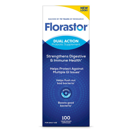 Florastor frente del envase mostrando 100 cápsulas y conveniencia