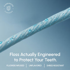 Fluoridated Flossers primer plano del hilo de nailon resistente que evita deshilachado