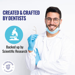 Fluoridated Flossers etiqueta con información y respaldo dental visible