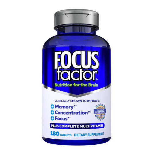 Focus Factor envase frontal 180 cápsulas mostrando ahorro y conveniencia