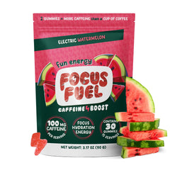 FocusFuel embalaje frontal mostrando 15 porciones y sabor sandía, ideal para llevar