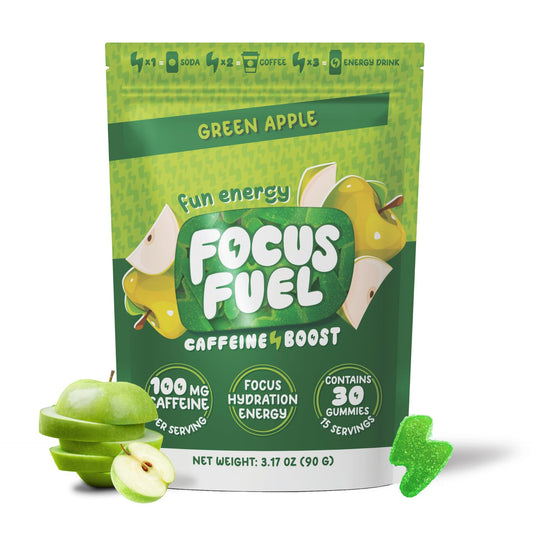 FocusFuel envase frontal manzana verde mostrando diseño y porciones