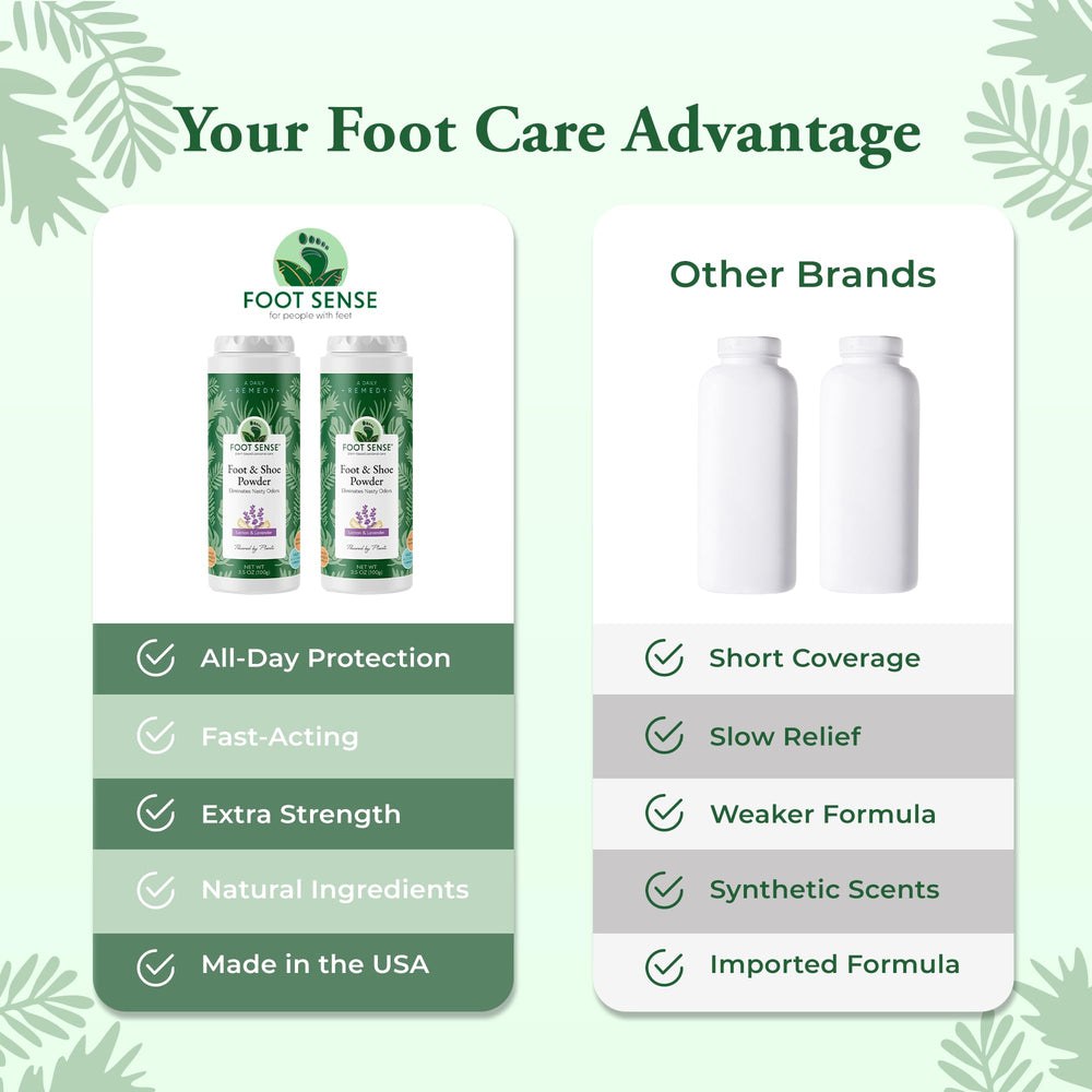 Foot Sense etiqueta con ingredientes y sin talco para tranquilidad