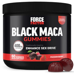 Force Factor envase frontal de Black Maca Gummies muestra presentación y beneficios
