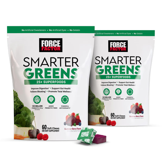 Force Factor envase frontal mostrando masticables y beneficio conveniencia