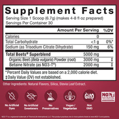 Etiqueta nutricional de Force Factor Total Beets indicando ingredientes y pureza