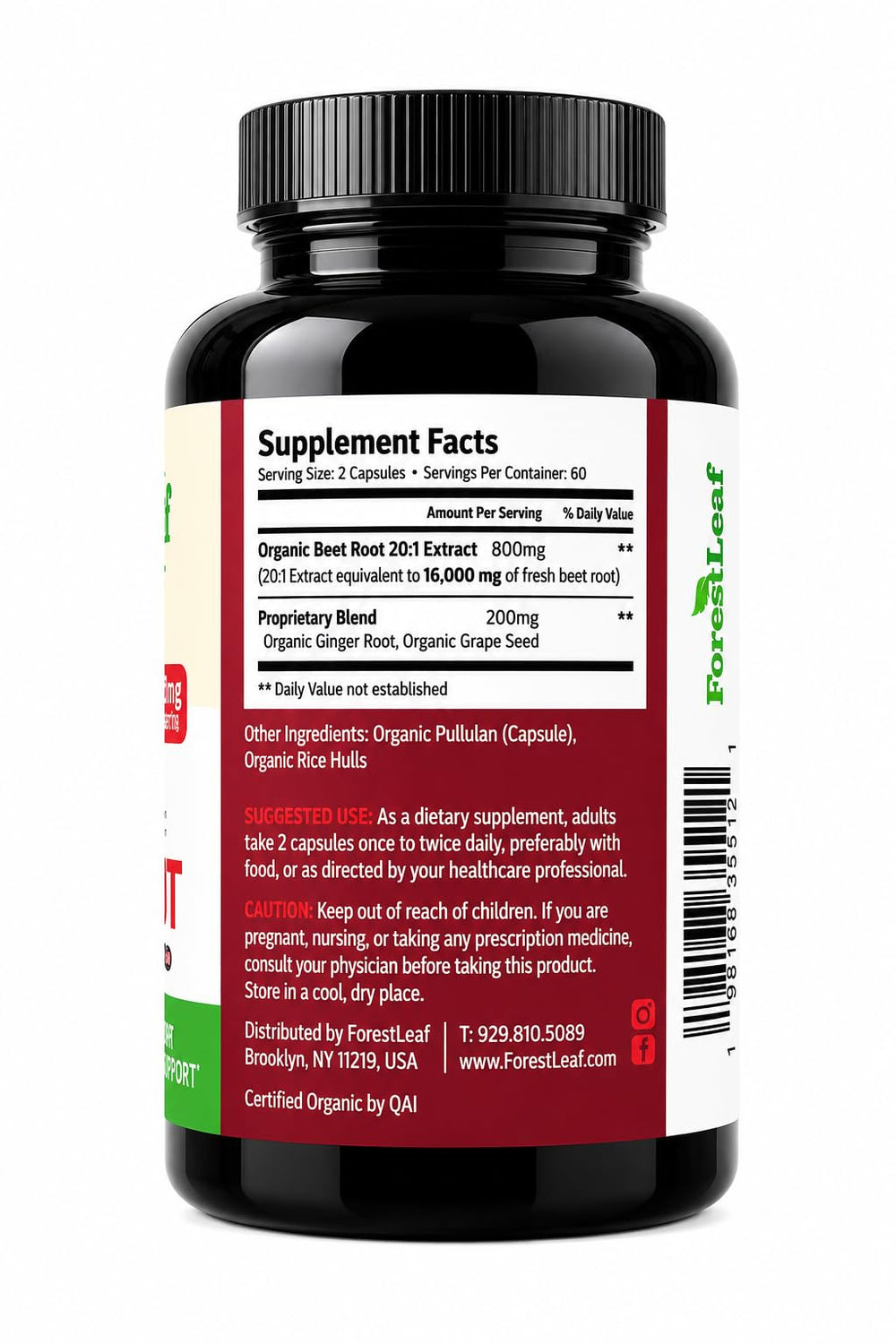 ForestLeaf cápsulas dentro de botella abierta indicando cantidad por envase