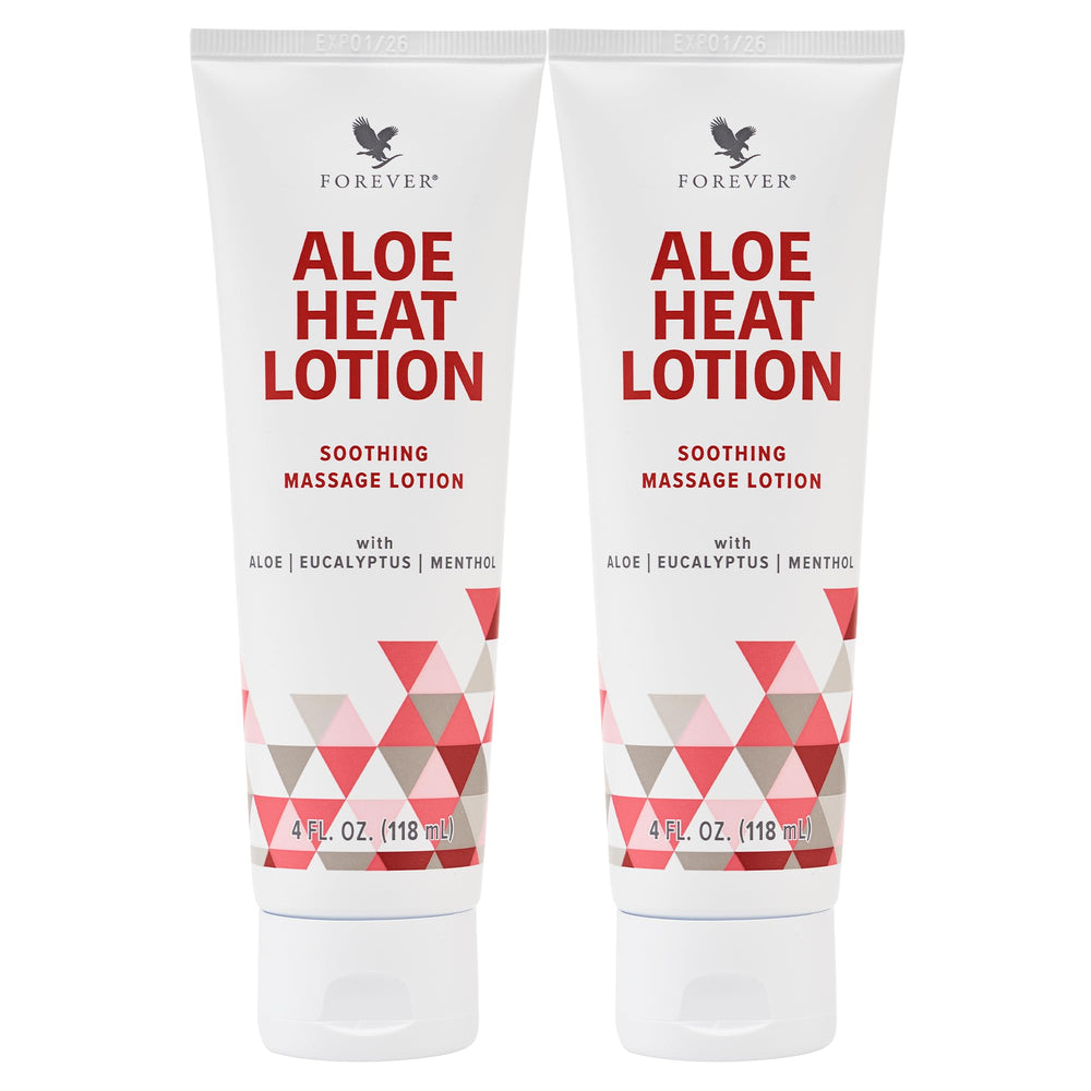 Forever Living Aloe Heat Lotion frente del envase y beneficio relajante