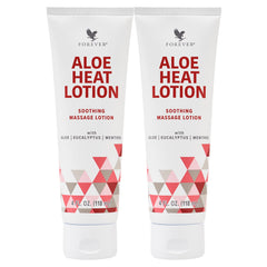 Forever Living Aloe Heat Lotion frente del envase y beneficio relajante