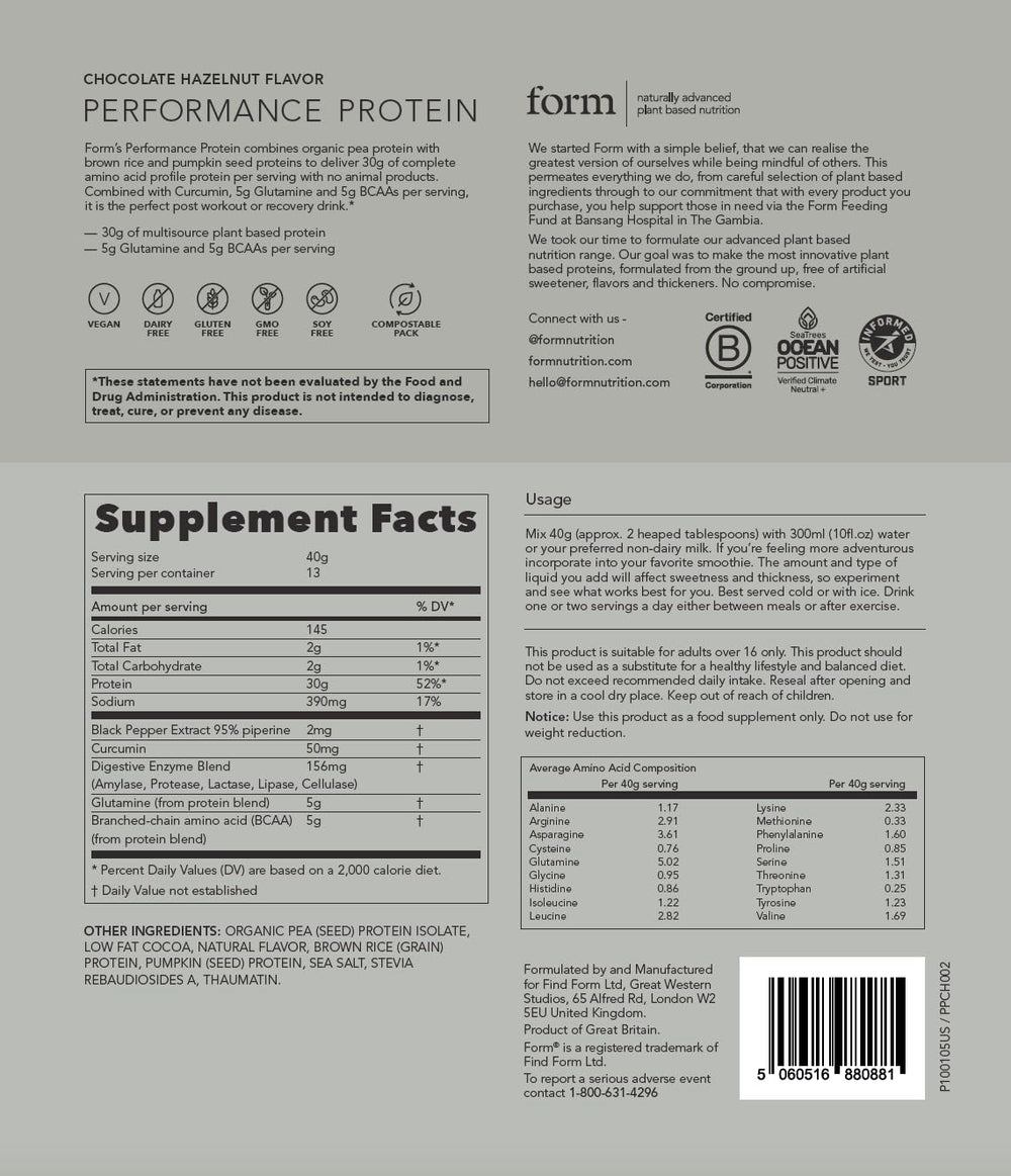 Empaque ecológico de Form Performance Protein sobre mesa, opción sostenible para deportistas