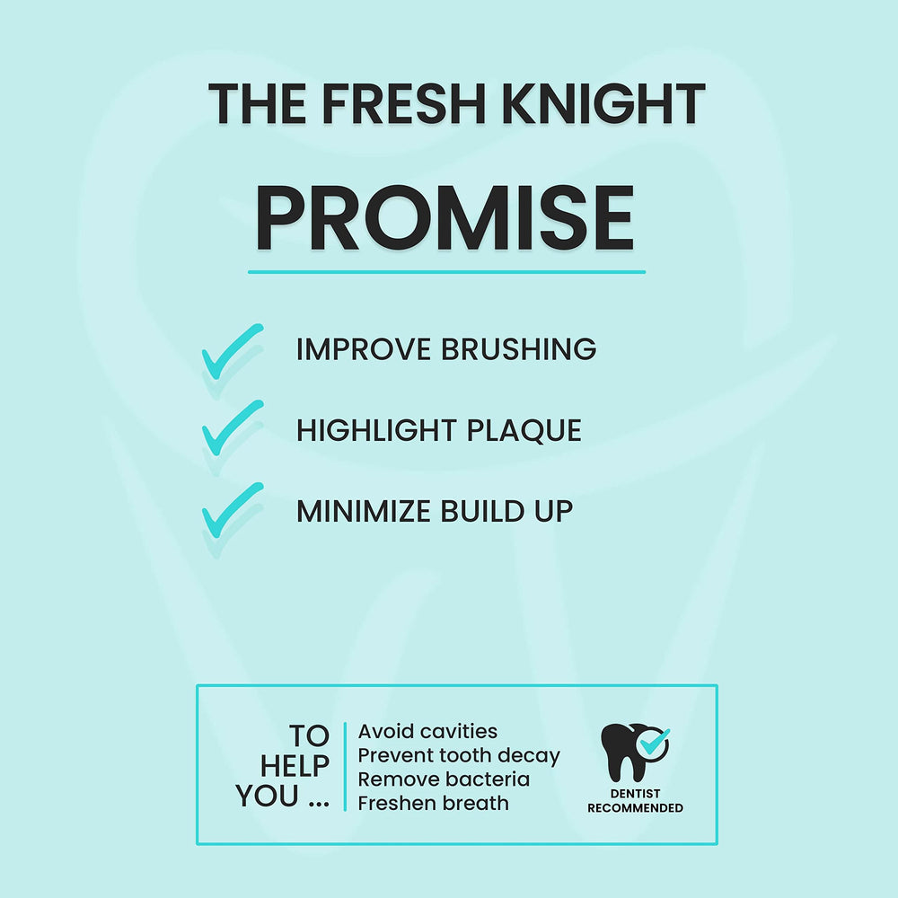 FRESH KNIGHT tableta masticada en boca, revela placa y enseña técnica