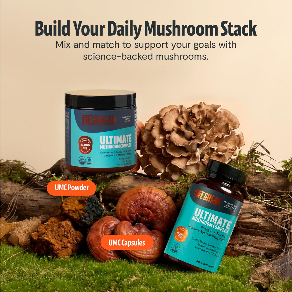 FreshCap Mushrooms frasco en mesa de desayuno, integración en la rutina diaria