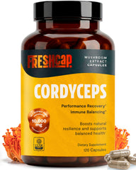 FreshCap Mushrooms frasco frontal mostrando diseño y beneficios