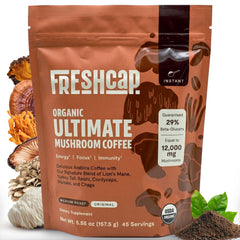 FreshCap Mushrooms vista frontal del empaque con información clara y beneficio de pureza