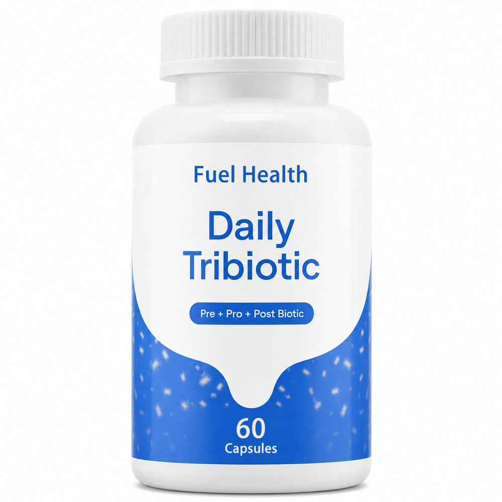 Fuel Health frasco frontal mostrando 60 cápsulas y diseño de etiqueta, fácil identificación