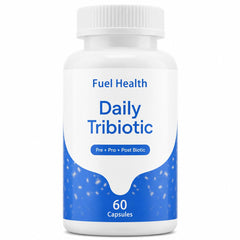 Fuel Health frasco frontal mostrando 60 cápsulas y diseño de etiqueta, fácil identificación