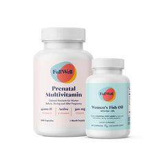 FullWell embalaje frontal mostrando el kit prenatal y omega‑3, aporta confianza