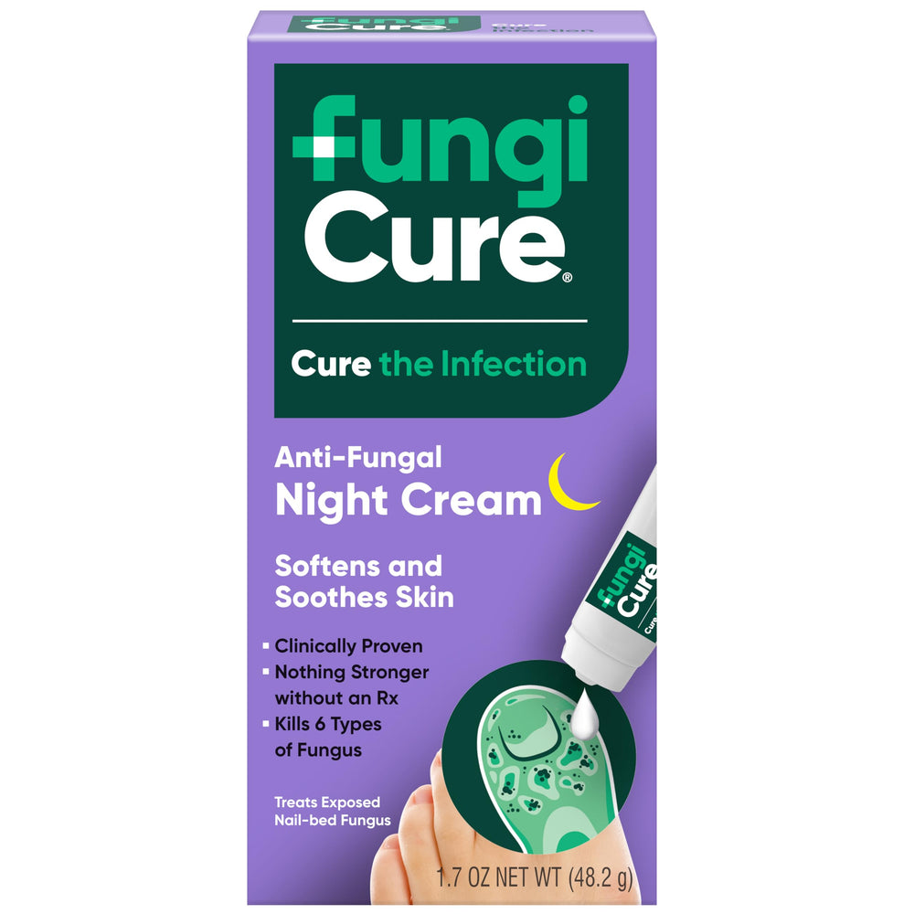 FUNGICURE envase frontal mostrando tamaño y diseño, conveniente para uso nocturno