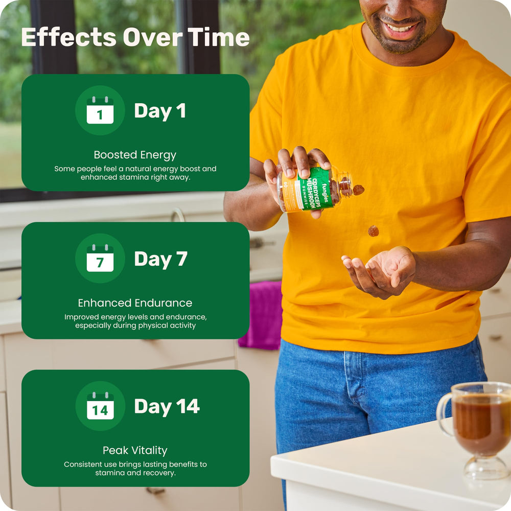 Persona tomando Fungies antes de entrenar, energía práctica y rápida