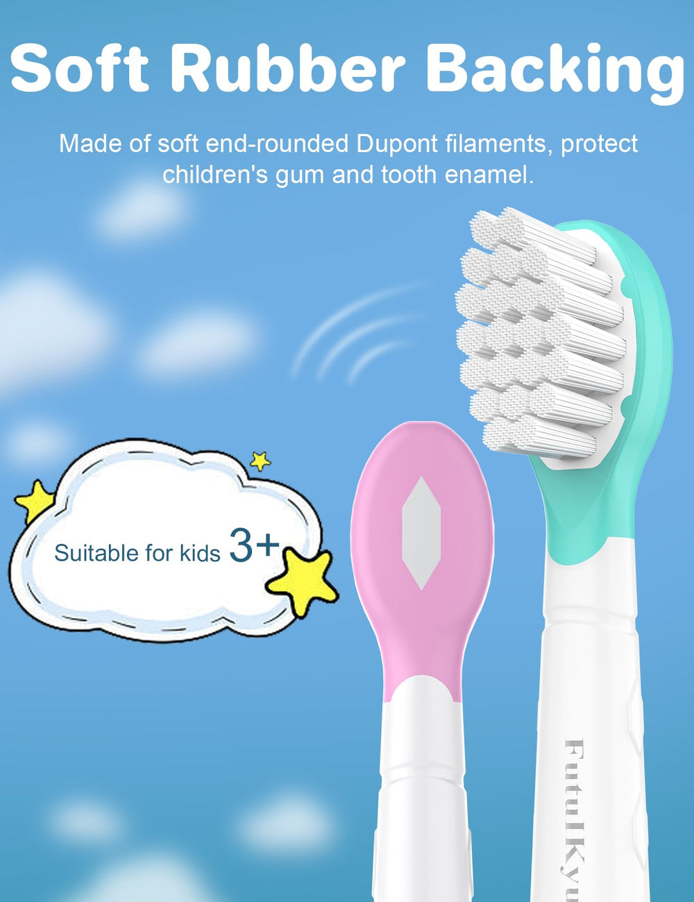 Cabezales Futulkyus acoplados en mango Sonicare Kids, compatibilidad segura