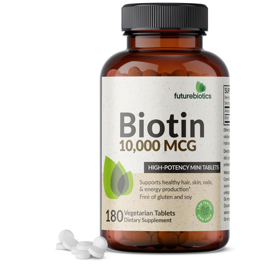 Futurebiotics Biotin 10,000 mcg, bote mini, dosis diaria para cabello y uñas.