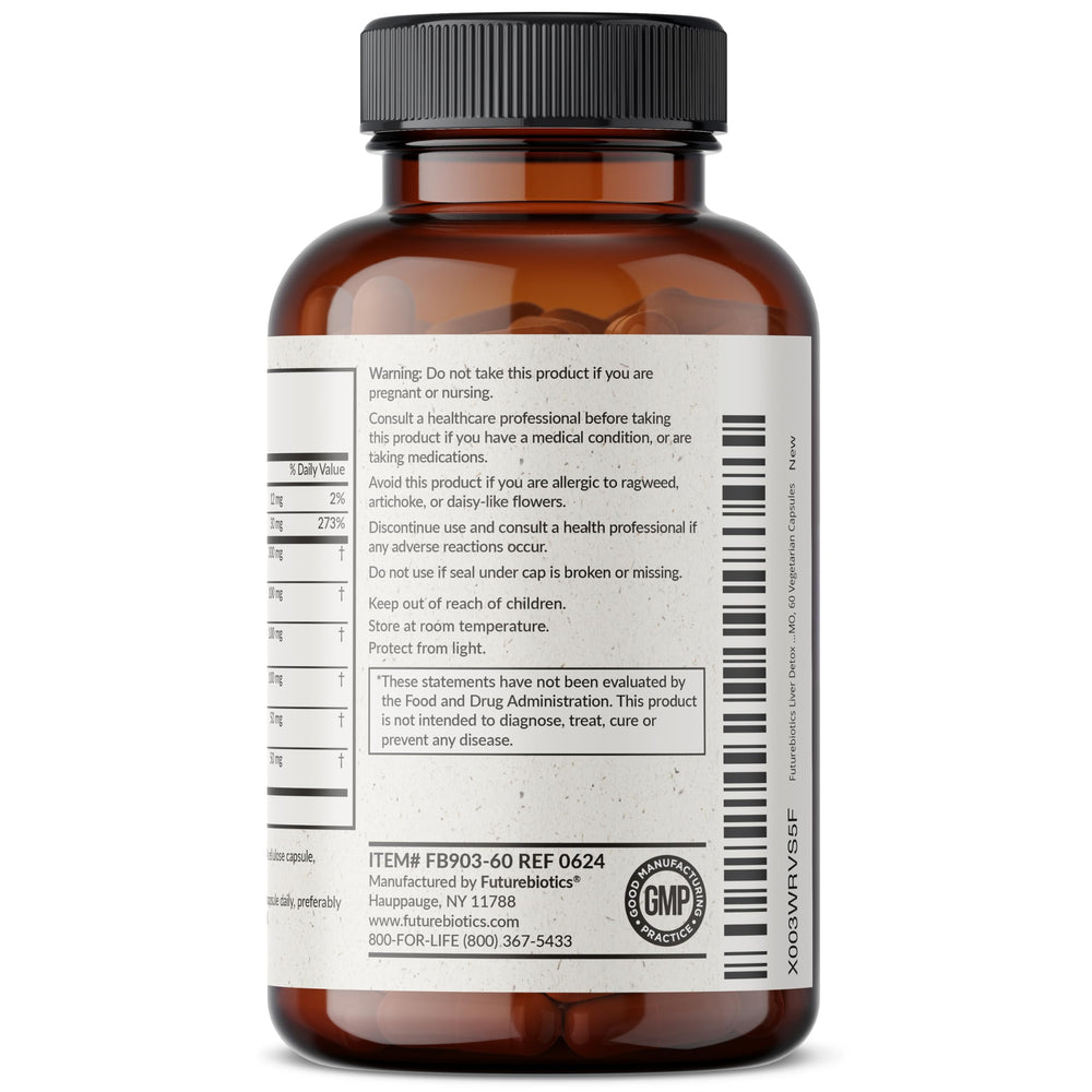 Etiqueta del frasco de Futurebiotics Liver Detox, claridad de los ingredientes naturales.